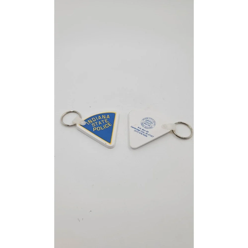 Two Vintage Indiana State Police Blue/Gold Triangular Keychain Cambridge City